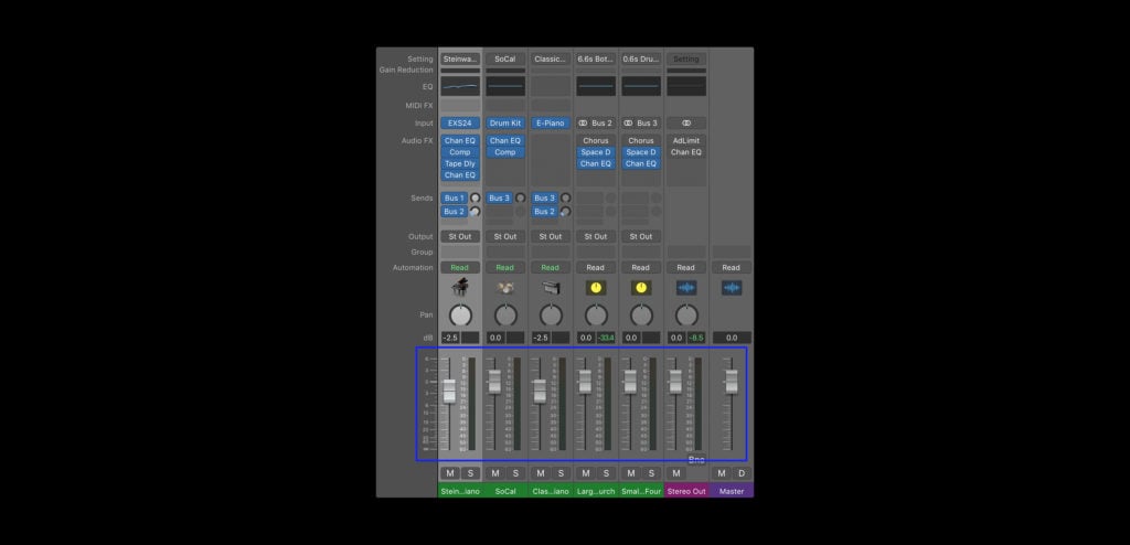 Volume faders in the mixer view of Logic Pro X